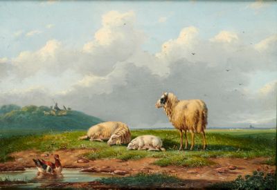 un tableau représentant des moutons et des poulets dans un champ près d'un ruisseau