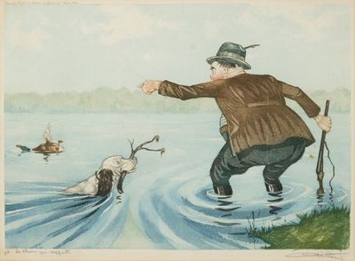 tableau représentant un homme et un chien au bord d'un plan d'eau