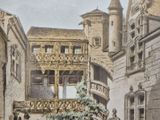 an old picture of a couple walking in a courtyard
