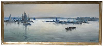 an oil painting of a harbor scene with sailboats in the water