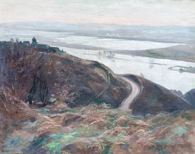 an oil painting of a winding road on a hill overlooking a body of water