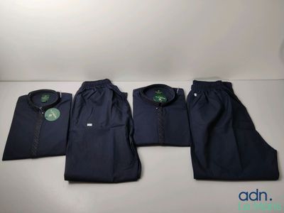 three pairs of men ' s navy blue pants and a white shirt