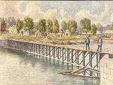 tableau représentant deux hommes debout sur un pont enjambant une rivière