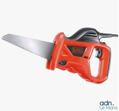 an orange and black hand saw with a black handle on a white background
