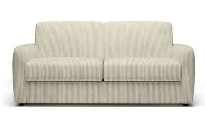 the couch is made of fabric and has a wooden legs