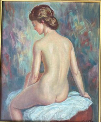 une peinture à l'huile représentant une femme nue assise sur une serviette blanche
