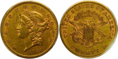 two gold coins, one of which has a head of a woman and the other of which is a eagle