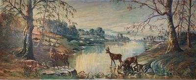 a painting of a painting of a deer by a river