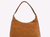a brown handbag with a braid handle on a white background