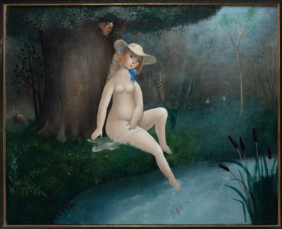 tableau représentant une femme nue assise sur un tronc d'arbre au bord d'un étang