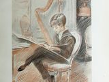 a drawing of a man sitting in a chair reading a book