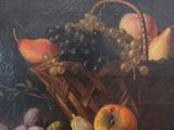 an oil painting of a basket of fruit on a ledge