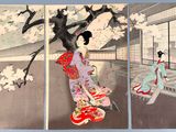 trois panneaux représentant une femme en kimono assise sur un banc devant un cerisier en fleurs