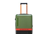 une image représentant une valise verte à roulettes, dotée de poignées orange
