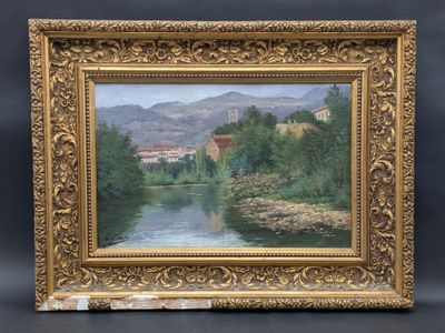 une peinture à l'huile représentant une rivière avec un village en arrière-plan