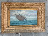 une peinture à l'huile représentant un voilier en mer, posée sur un sol en pierre