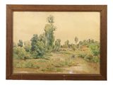 an image of a painting of a river with trees in the background