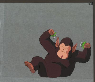 cellule d'animation représentant un singe tenant une fleur