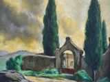 une peinture à l'huile représentant un petit bâtiment avec des arbres en arrière-plan