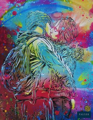 un tableau représentant un couple en train de s'embrasser devant un fond coloré