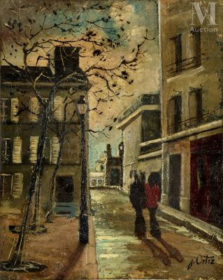 une peinture à l'huile représentant deux personnes marchant dans une rue, au milieu d'immeubles de grande hauteur
