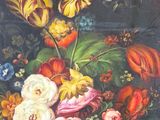 a painting of flowers in a vase on a table