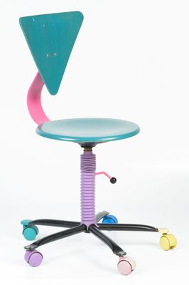 a colorful chair with wheels and a seat on a white background