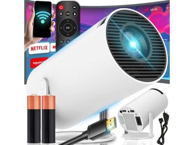 une photo d'un projecteur blanc avec une télécommande et un chargeur