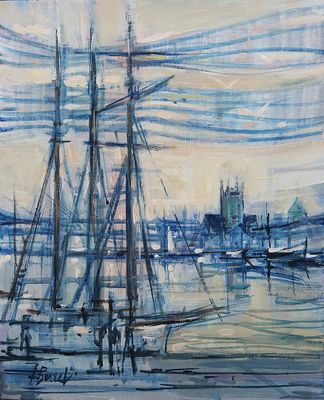 an oil painting of a sailboat in a harbor with a city in the background