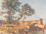 a painting of a farm scene with cows and a tree