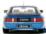 blue car on white background with alpine logo on back of car