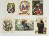 quatre cartes religieuses sur lesquelles figurent des personnes et des animaux
