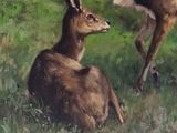 painting of two deers in a grassy field with trees in the background