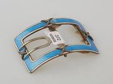 blue leather belt buckle with silver buckle on white surface