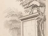 un vieux dessin représentant un bâtiment avec un arbre devant