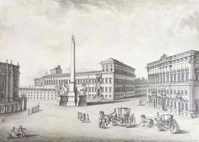 dessin représentant une place de ville avec des calèches