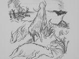 an image of a drawing of a man and a dog on a beach