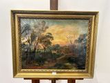 an oil painting of a landscape with trees and a bridge