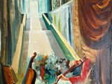 an oil painting of a violin and violin players in front of a building
