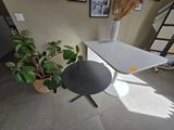 a white table with a black table top and a potted plant
