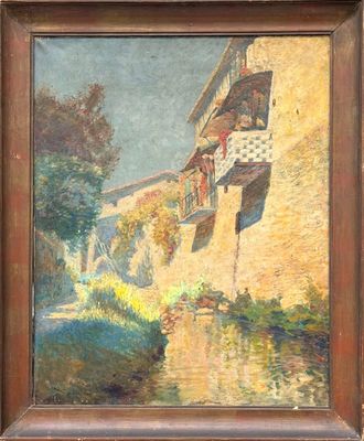 une peinture à l'huile représentant un bâtiment avec un balcon et une rivière en premier plan