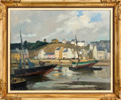une image représentant un tableau montrant des bateaux sur l'eau près d'une ville