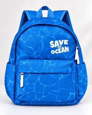 a blue backpack with save the ocean written on it
