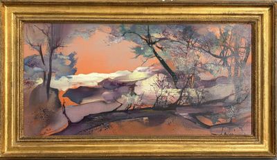 une image représentant un tableau représentant un paysage avec des arbres et des rochers