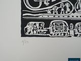 a black and white drawing of a group of people on a wall