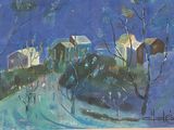 un tableau représentant des maisons sur une colline, avec des arbres au premier plan