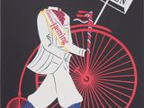 a black and white poster with a man on a bicycle holding a sign