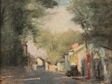an oil painting of a street scene with a car parked on the side of the road