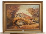 an oil painting of a bridge over a river with a house in the background