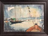 a painting of a boat in the water with a flag on it